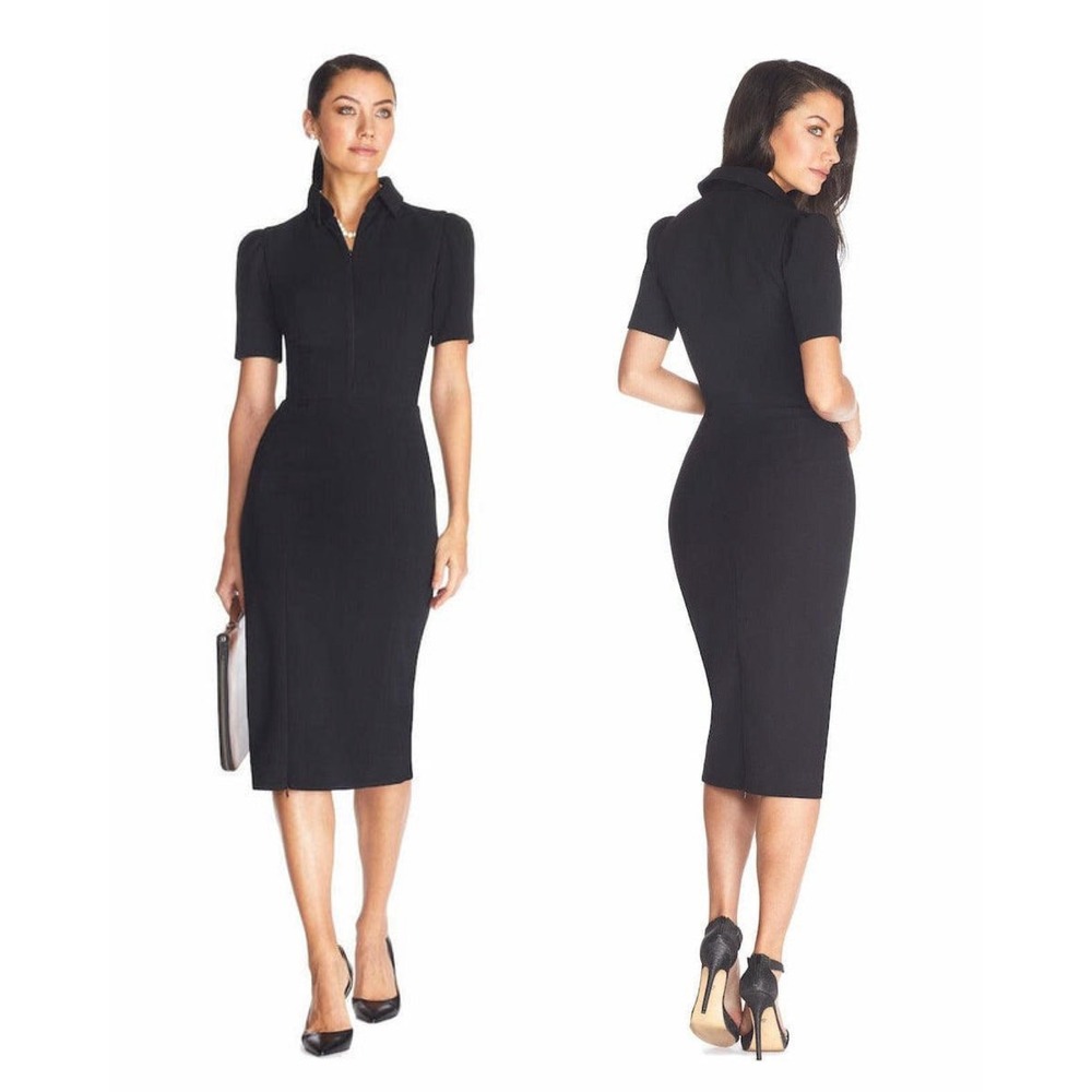 Dress The Population Gloria Dress Women M Black Sheath Zipper Slit Short Sleeve